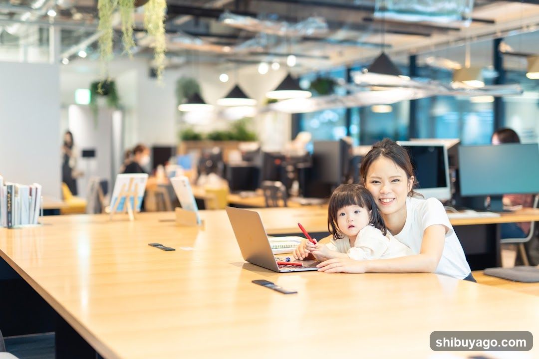 Office Workspace with Mother and Child