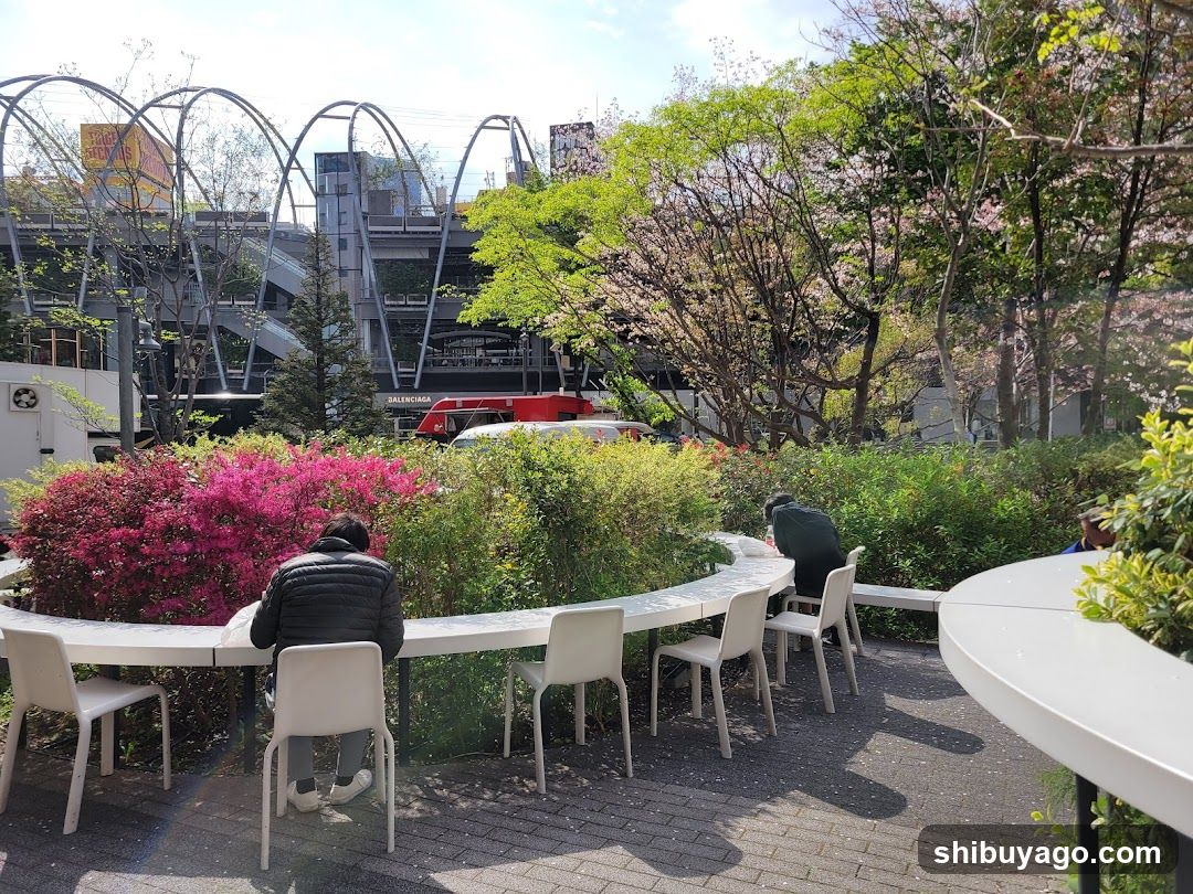 Outdoor Seating Area with Greenery and Urban Background