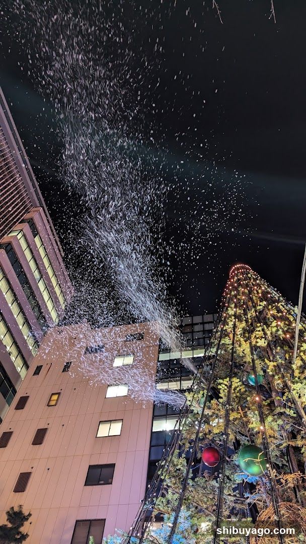 Night scene with falling confetti and illuminated tree