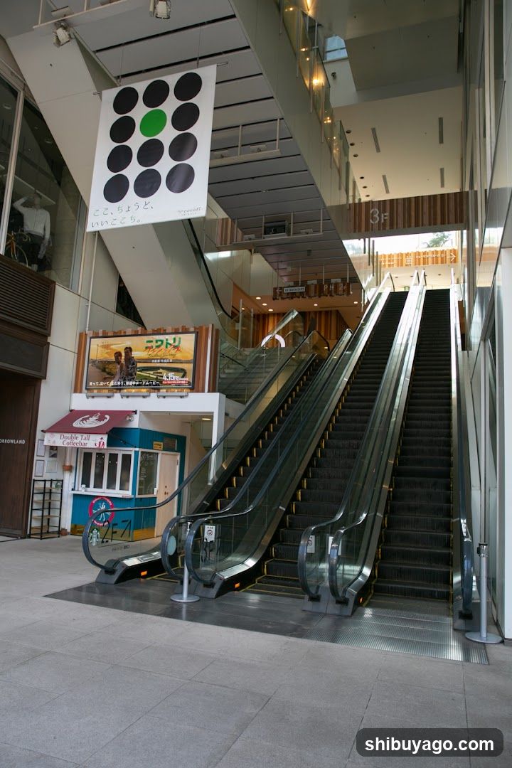 Shopping Center Interior with Escalators and Signage