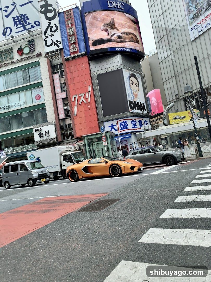 Street scene with orange sports car