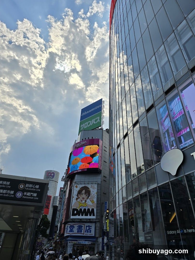 Urban Street Scene with Storefronts and Skyscrapers