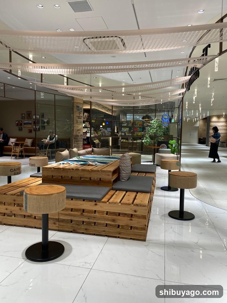 Modern Cafe Interior with Wooden Seating