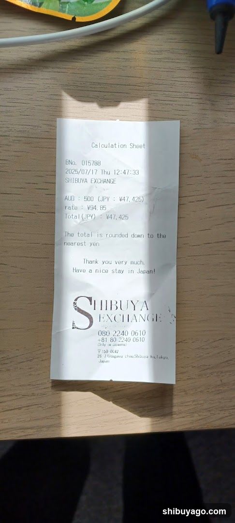 Shibuya Exchange Receipt