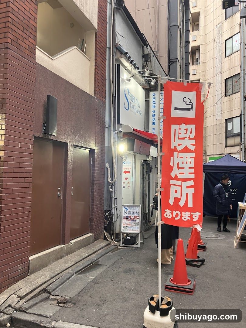 Street scene with smoking sign and shop entrance
