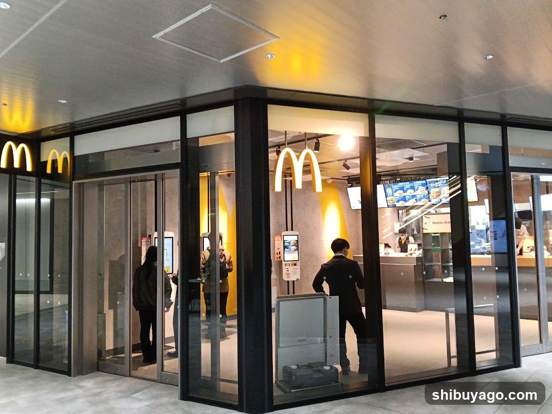 Photo of a modern McDonald's storefront with glass doors and windows, illuminated golden arches visible on the building facade. Interior shows customers at self-order kiosks and staff behind the counter.