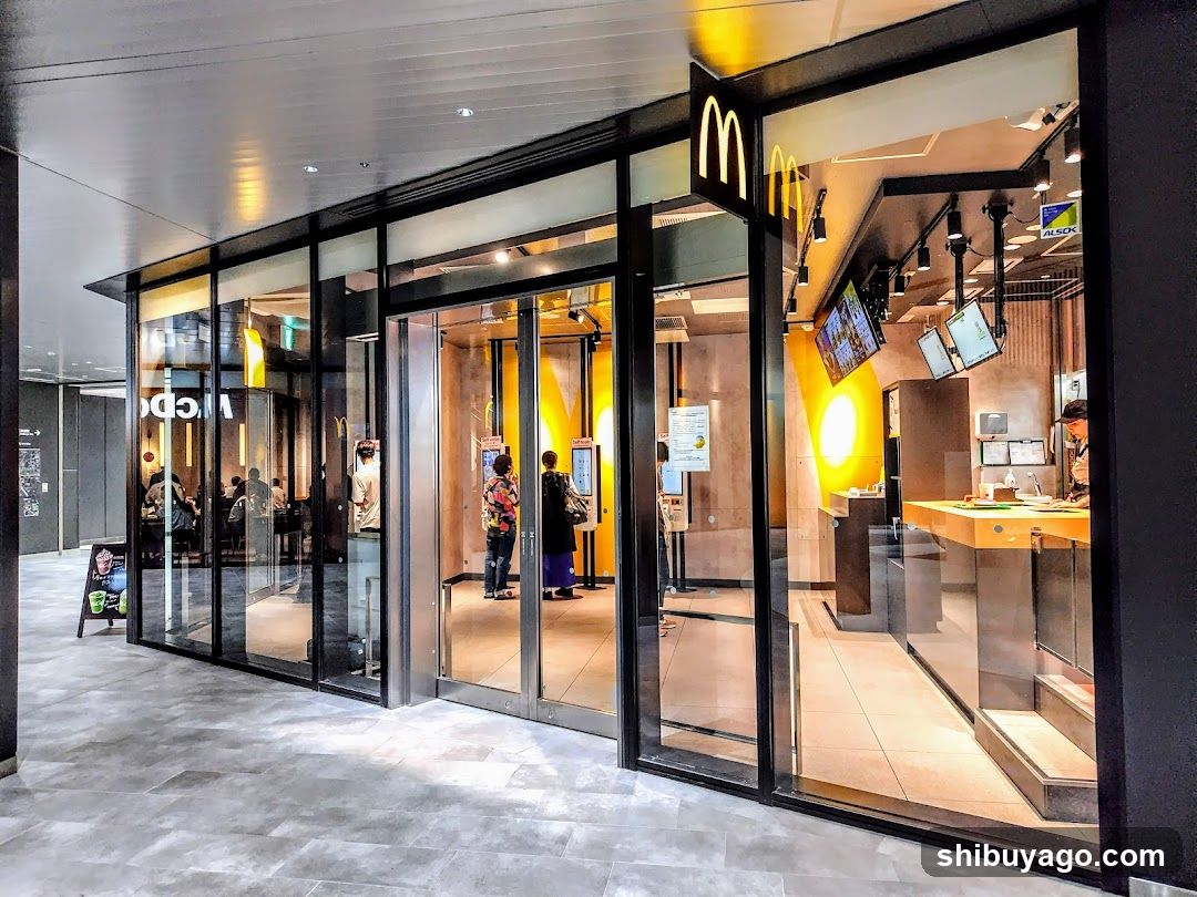 Modern glass-fronted McDonald's entrance with visible golden arches logo above door, interior lighting warm yellow, customers at self-order kiosks inside.