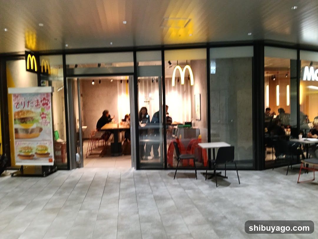 A modern McDonald's restaurant entrance featuring glass doors and windows, illuminated interior lighting, and a visible golden arches logo on the building facade. A promotional menu board stands outside displaying burger items.