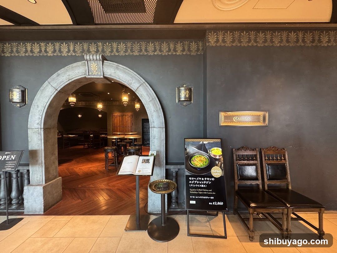 Interior of a restaurant or cafe with an arched entrance