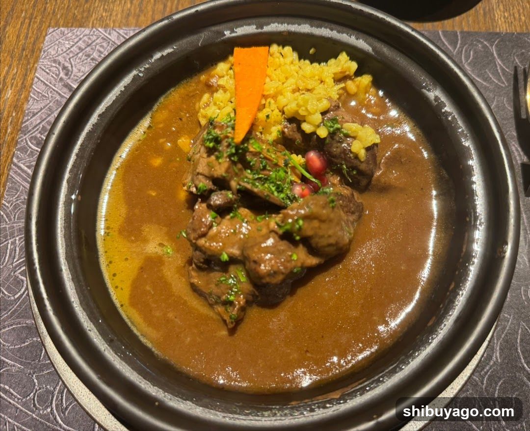 Stew with Rice and Carrot Garnish
