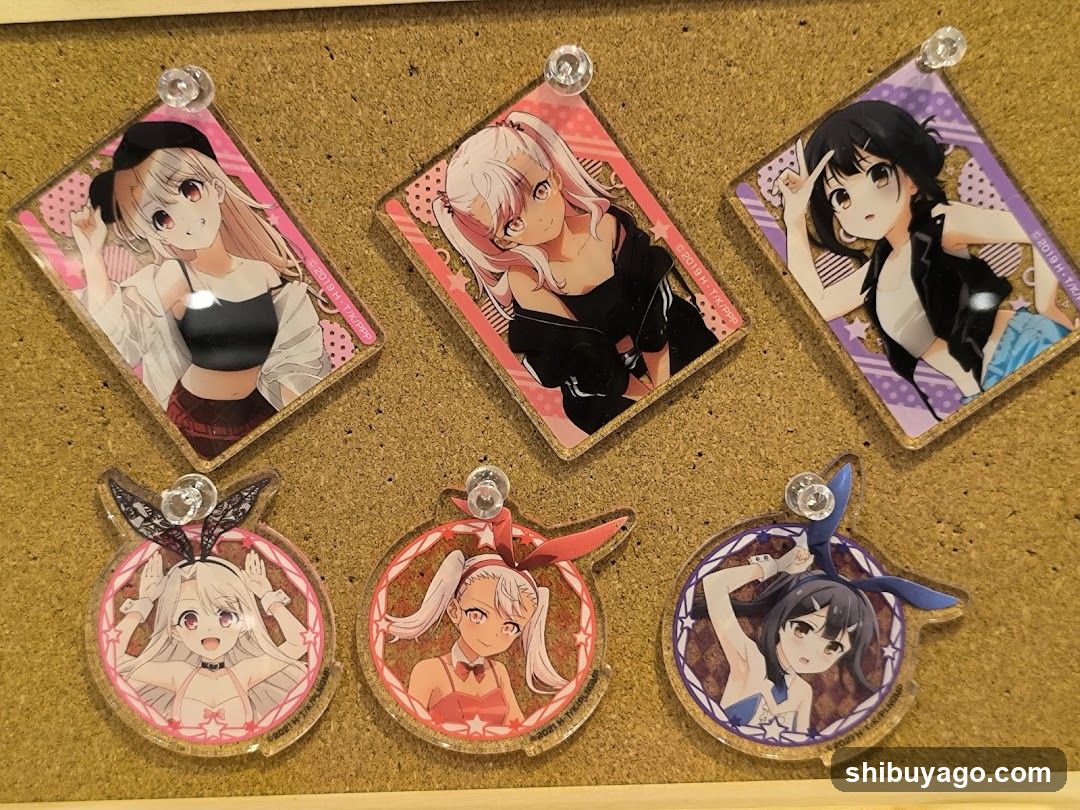 Anime Character Acrylic Pins Displayed on Corkboard