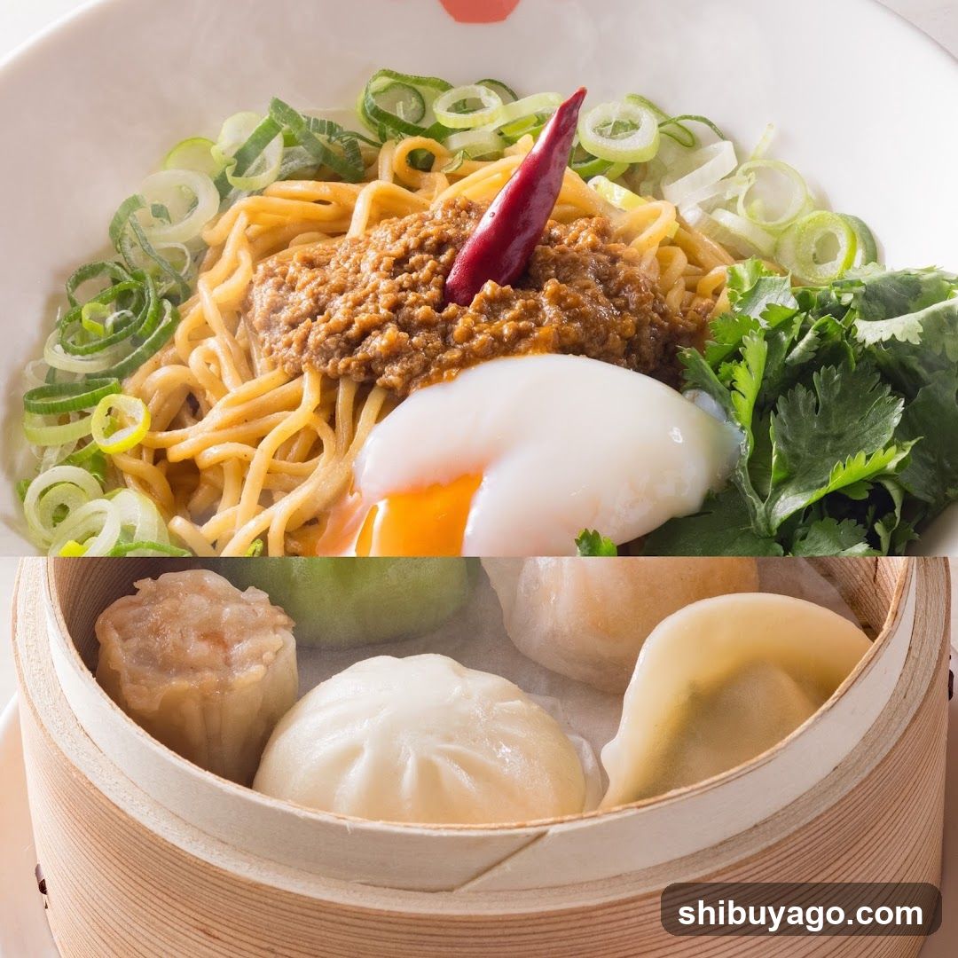 Top half shows a bowl of noodles topped with minced meat, green onions, cilantro, and a soft-boiled egg. Bottom half displays steamed dumplings in a bamboo basket.