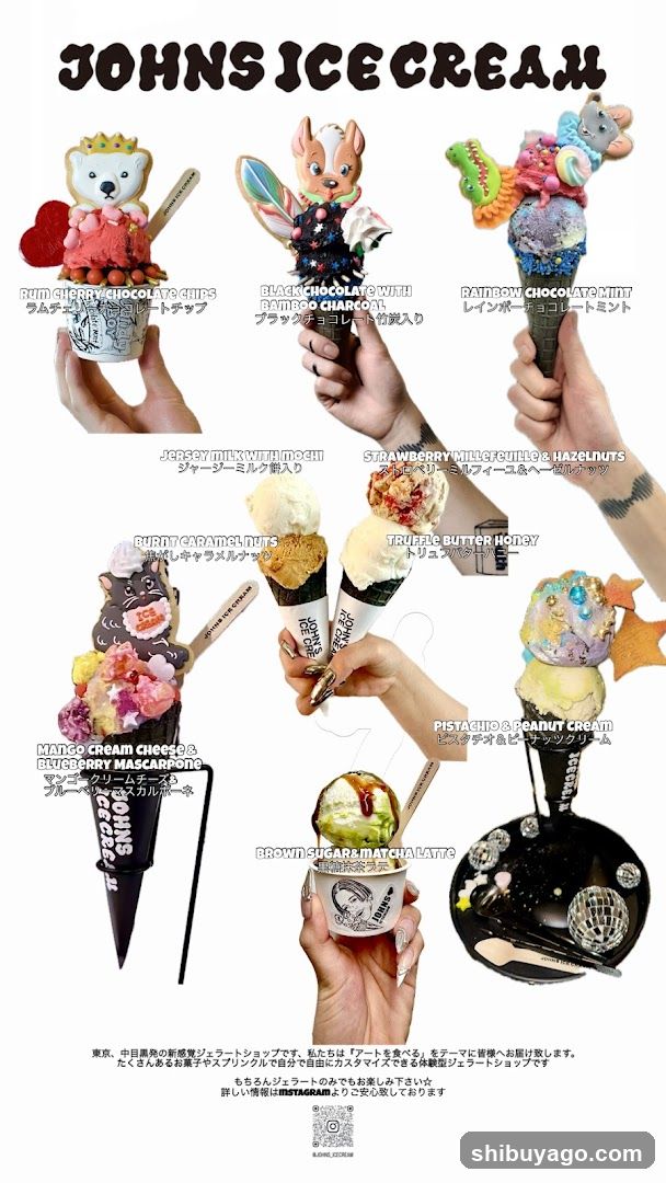 A promotional image showcasing a variety of creative ice cream products from Johns Ice Cream, featuring whimsical character-themed scoops and unique flavor combinations like 'Rainbow Chocolate Mint' and 'Mango Cream Cheesecake'. The display includes hands holding each dessert, emphasizing the playful design and texture.