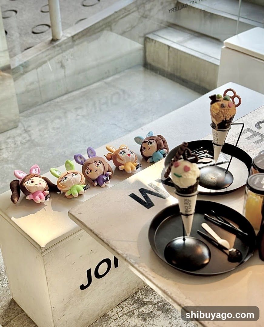 A cozy cafe interior featuring a display of colorful character figurines on a white box labeled 'JOI' and ice cream cones arranged in black trays on a table.