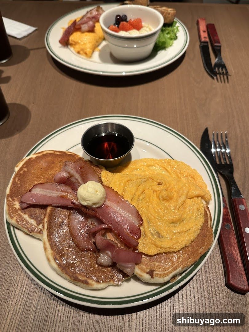 Breakfast Spread with Pancakes and Omelette