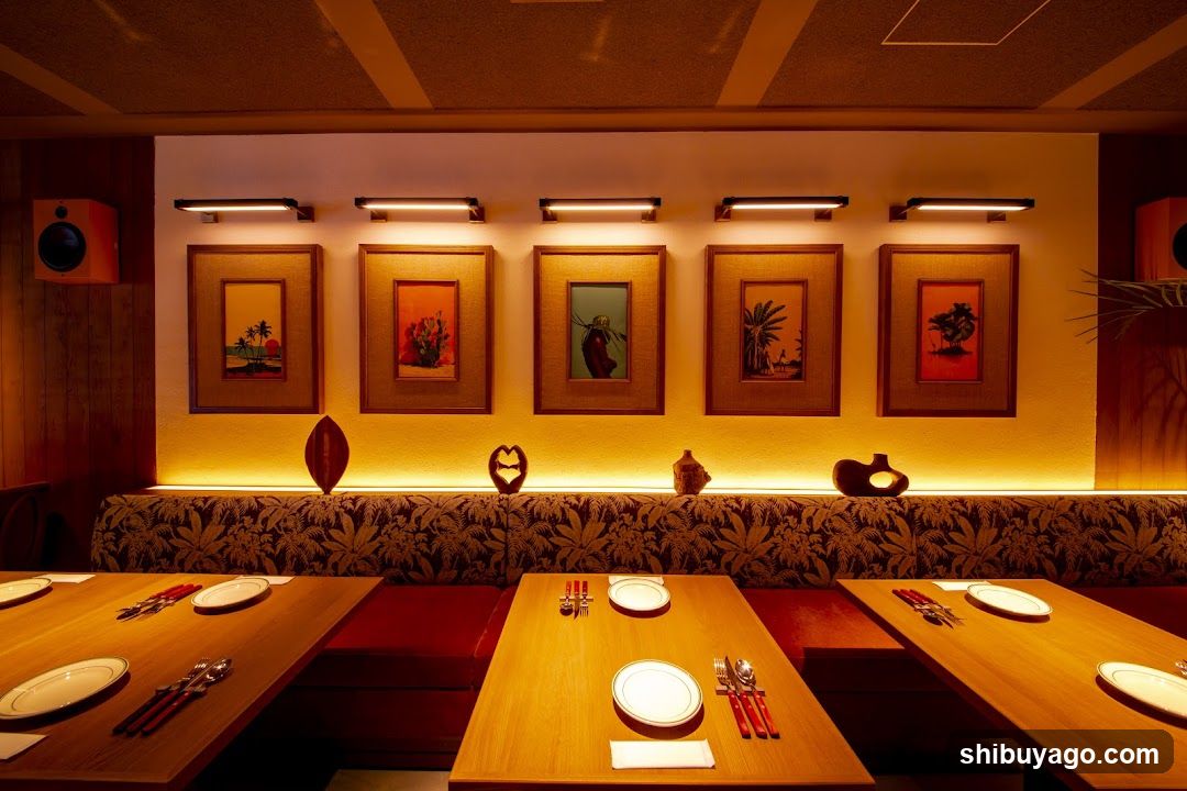 Restaurant Interior with Framed Art and Warm Lighting