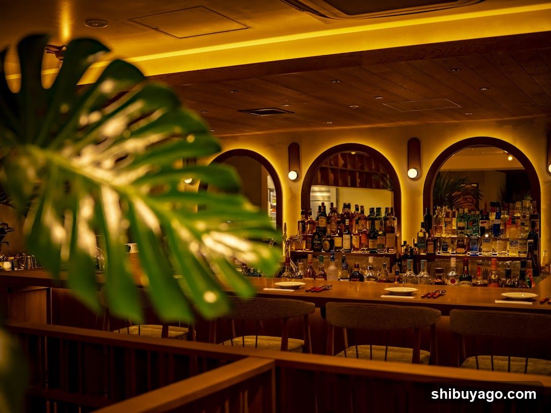 Bar Interior with Monstera Leaf Foreground