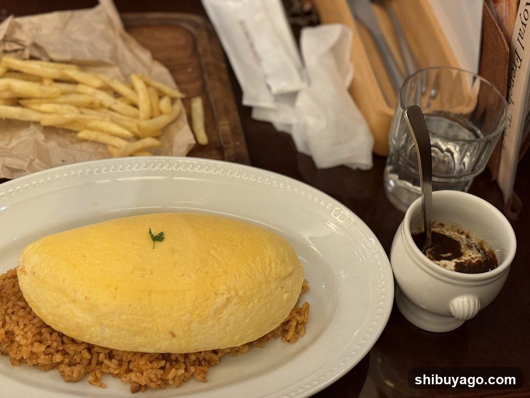 Omelette Rice with Fries and Coffee
