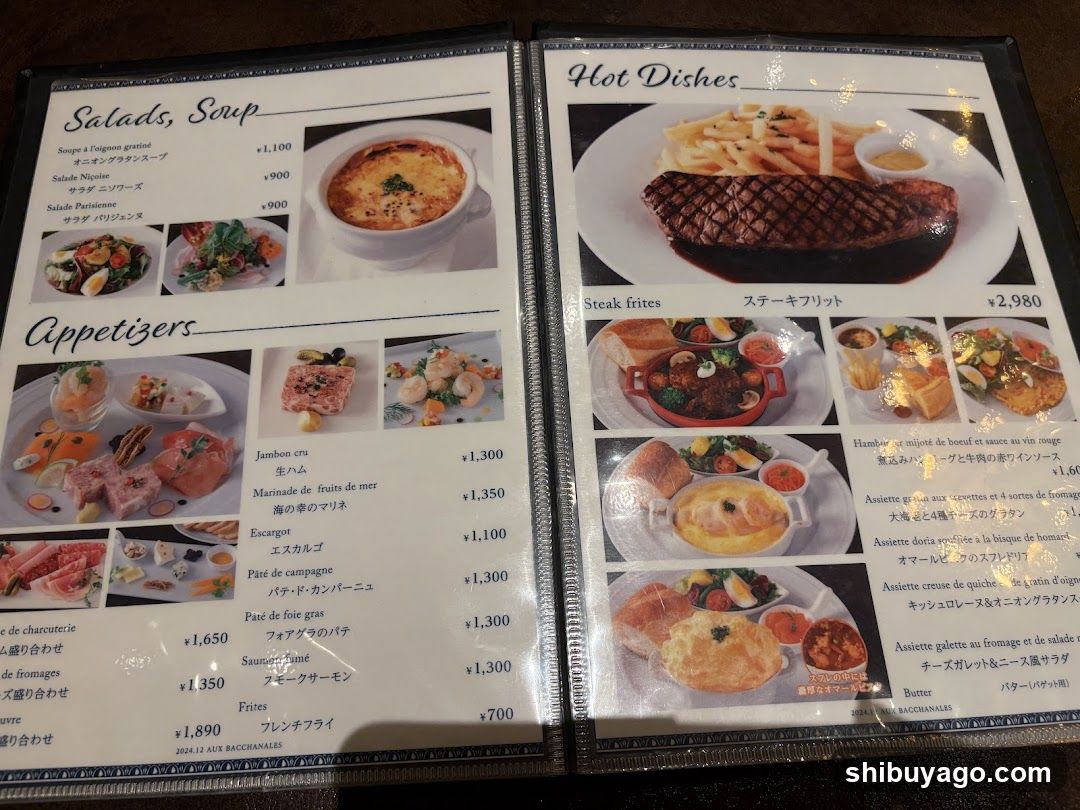 Restaurant Menu with Salads, Appetizers and Hot Dishes