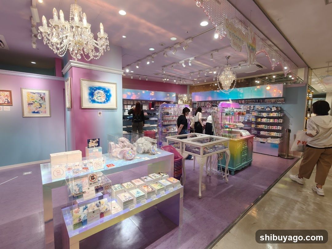 Interior of a colorful shop with purple flooring and chandeliers