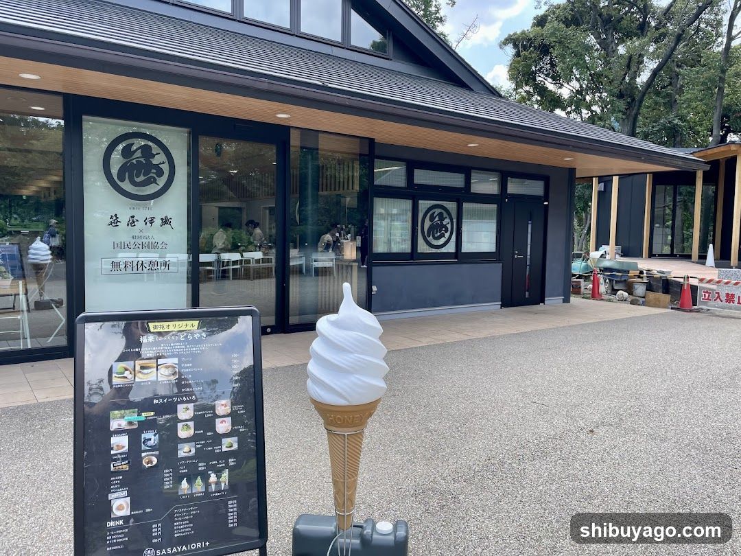 Sasayaiori Shop Exterior with Menu Board and Ice Cream Display