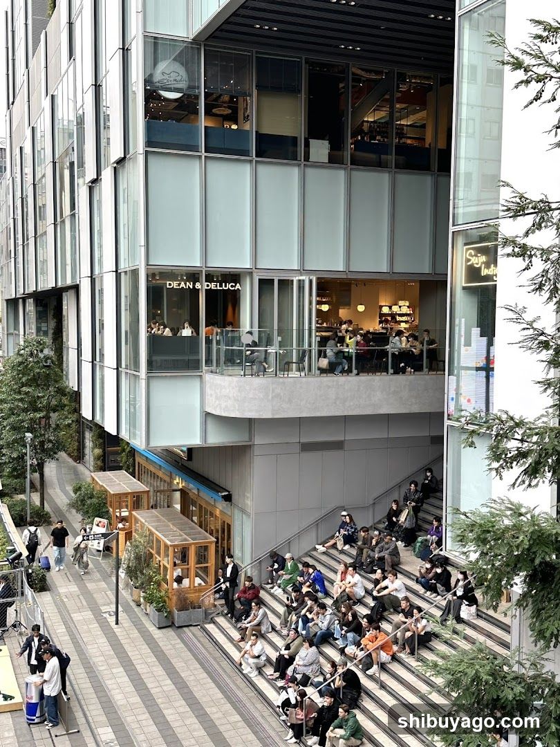 Urban plaza with people on steps