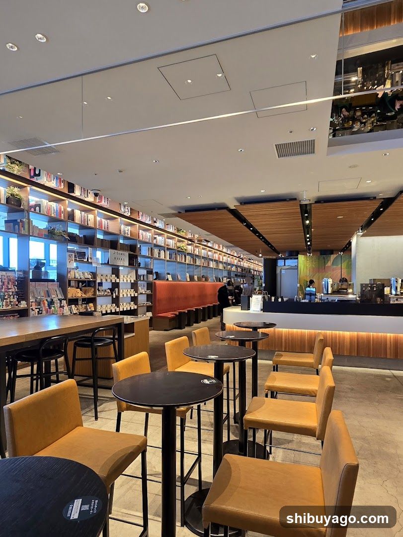 Modern Coffee Shop Interior with Bookshelves and Seating Area