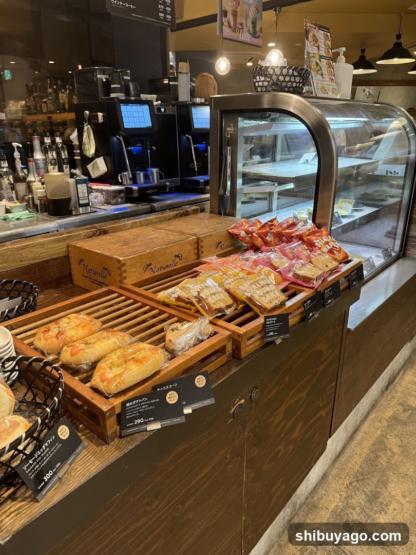 Interior view of a bakery or cafe counter featuring wooden display racks holding packaged breads and pastries, including baguettes and croissants. Behind the counter are coffee machines and glassware. A refrigerated display case is visible to the right. Price tags in Japanese are placed near products.