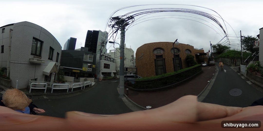 Street scene with buildings and power lines