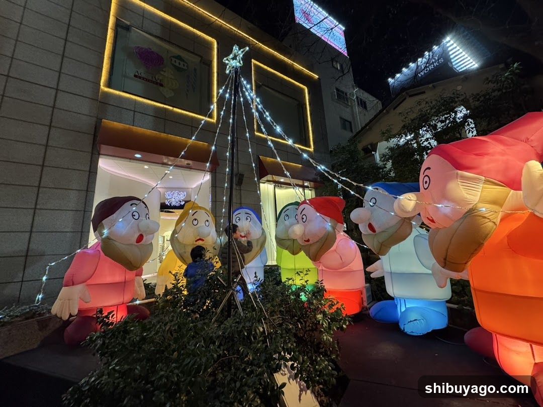 Inflatable Snowmen Display at Night