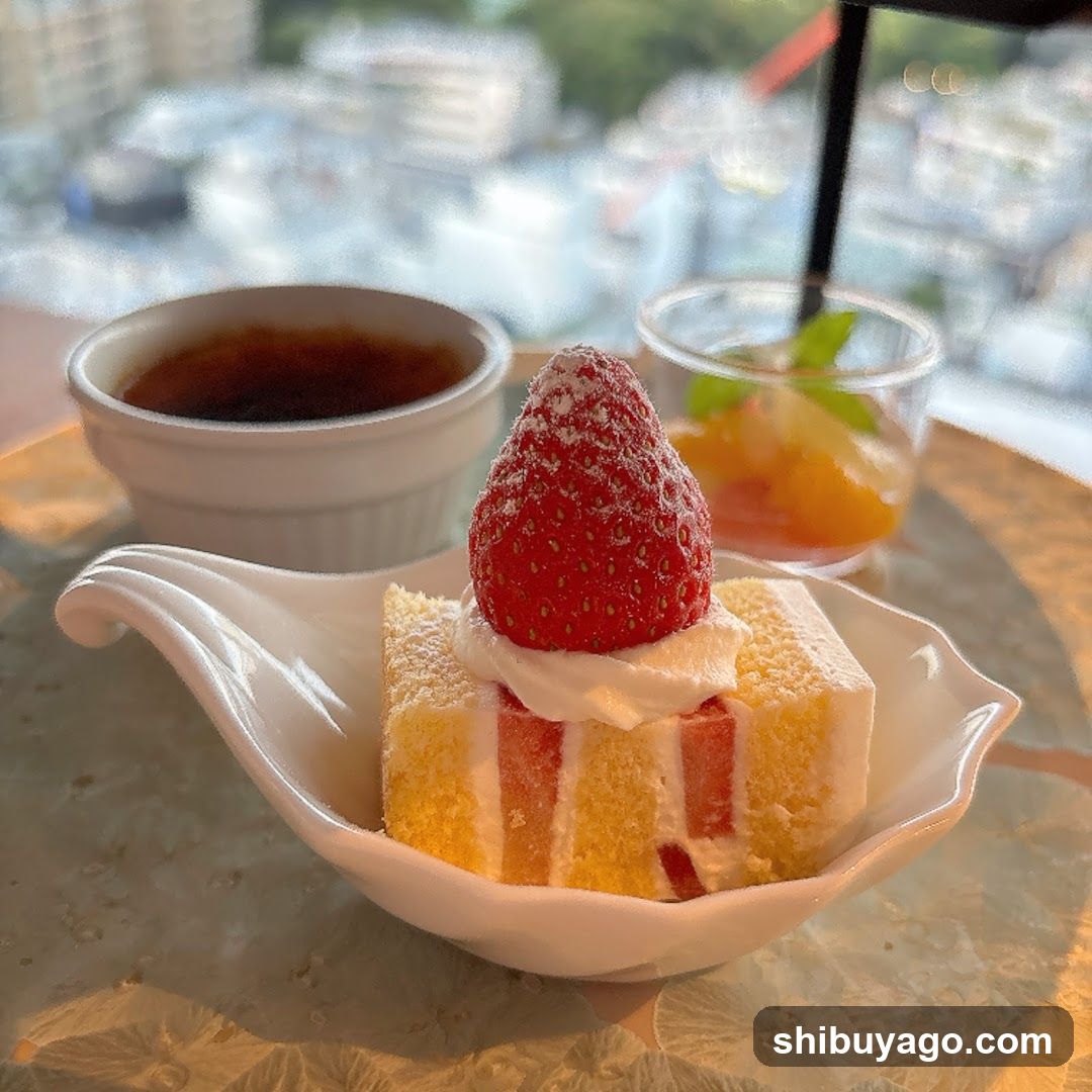 Strawberry Cake Dessert with Coffee and Fruit Drink