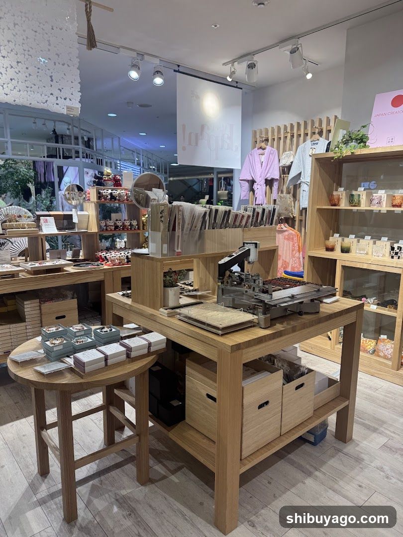 Interior of a retail store with wooden display tables and shelves.