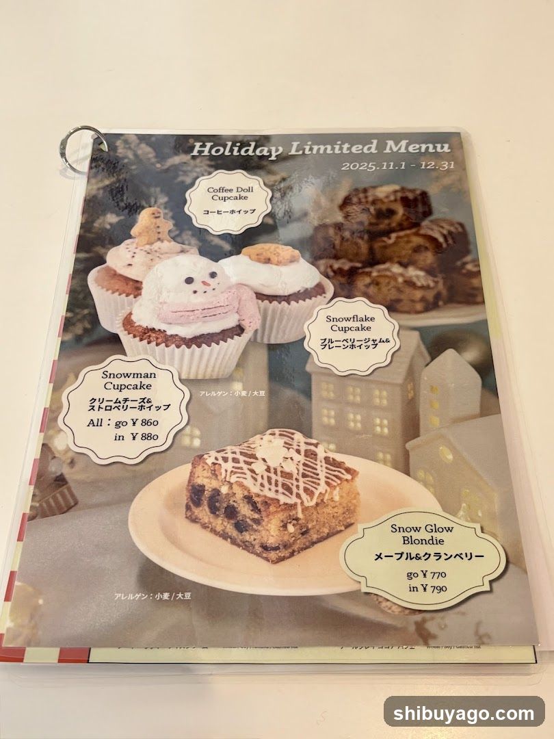 A printed menu featuring seasonal desserts with Japanese text labels and prices.