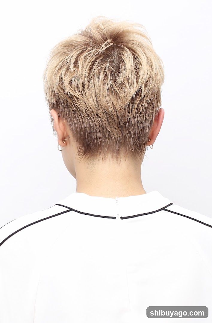 Back view of person with short blonde hair