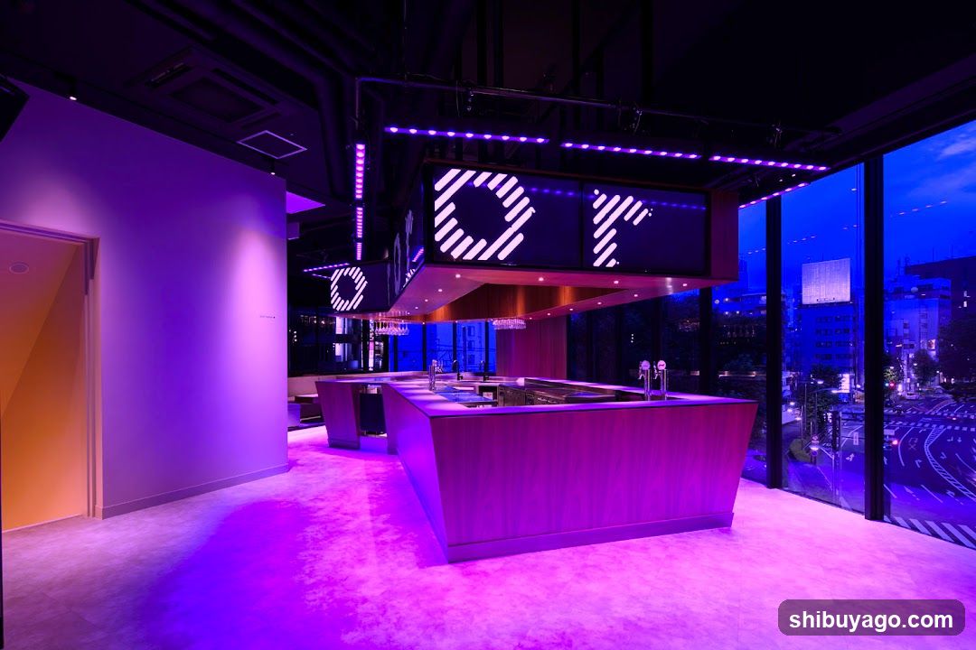Purple-lit interior space with illuminated signage