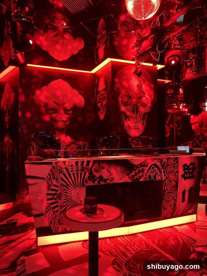 Red-lit Club Interior with Alien and Skull Decor