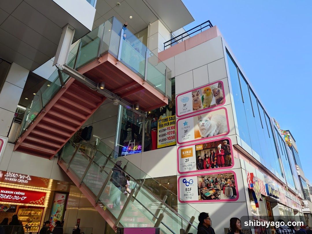 Shopping Center Exterior with Stairs and Storefronts