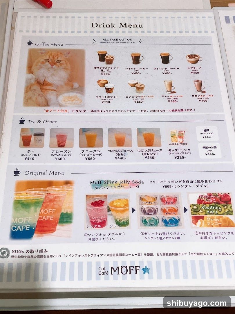A printed drink menu from Cat Cafe MOFF, featuring sections for Coffee, Tea & Other, and Original Menu with prices in yen.