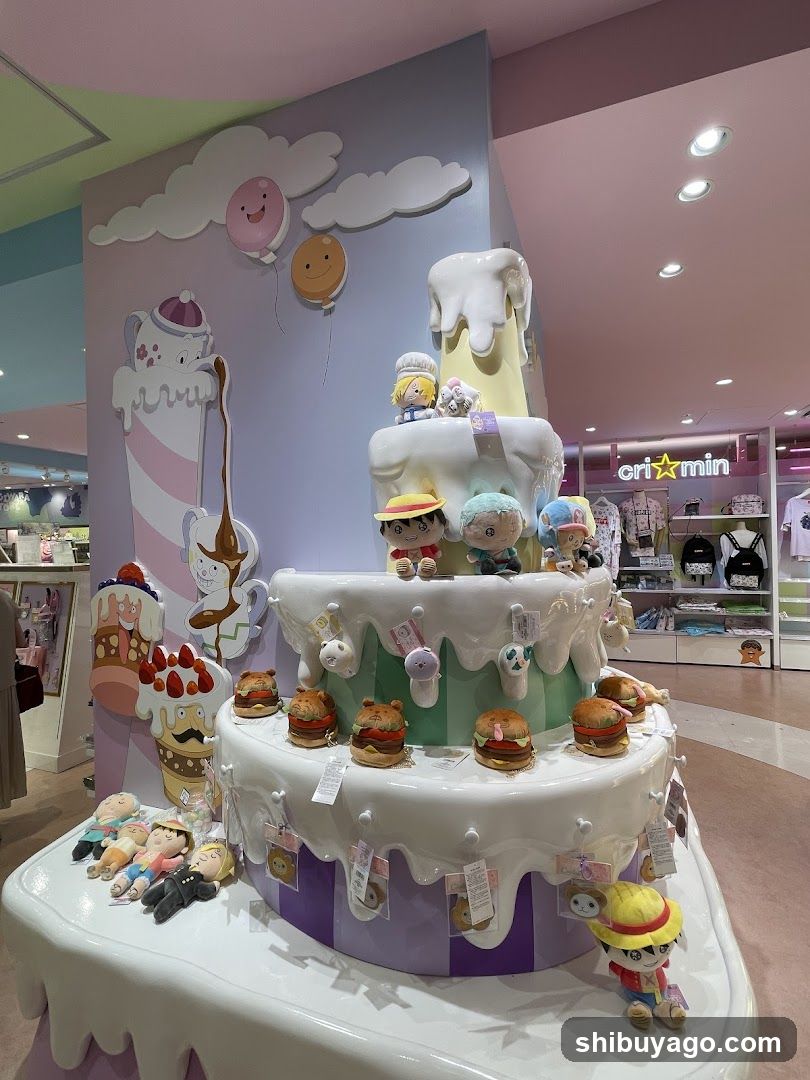 Candy-themed display with plush toys and a large cake model