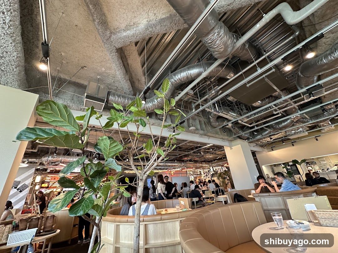 Interior of a modern restaurant or café with exposed ceiling pipes and greenery