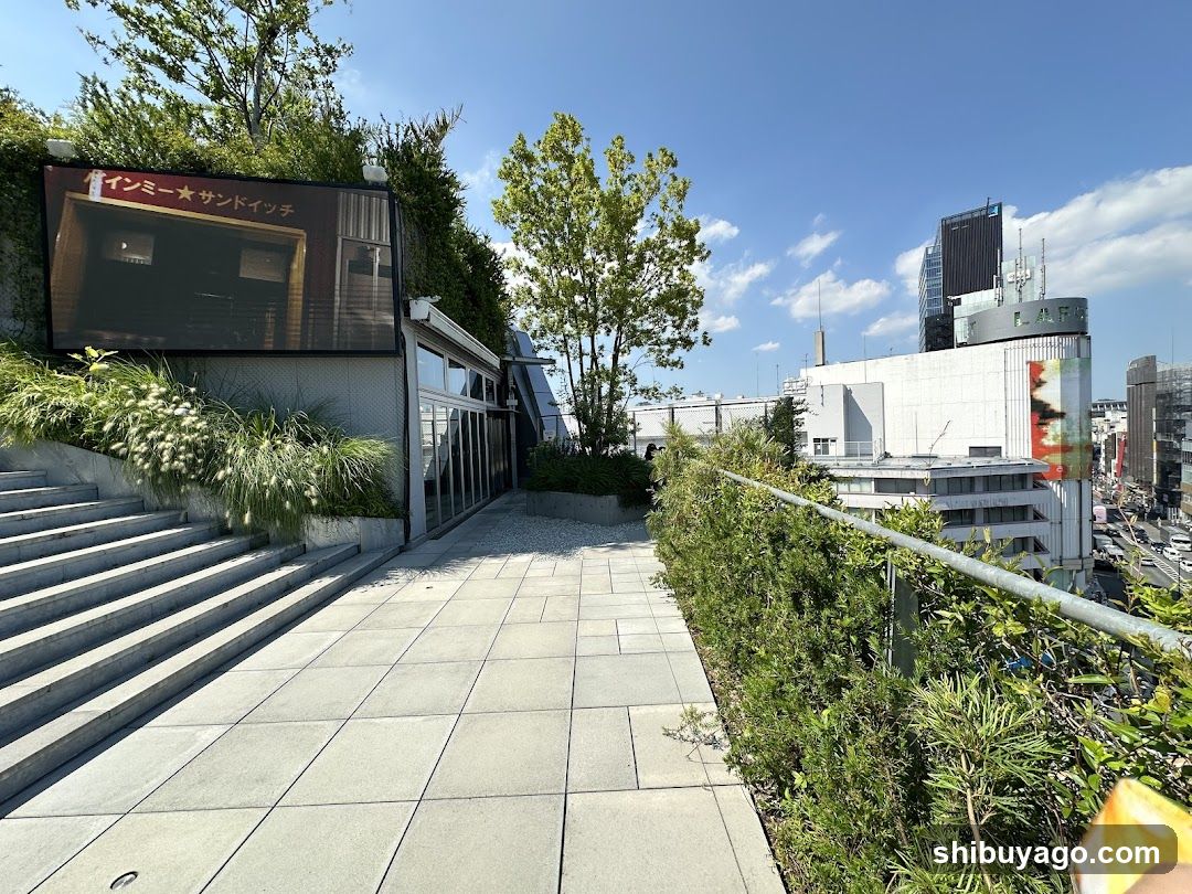 Urban rooftop walkway with greenery and signage