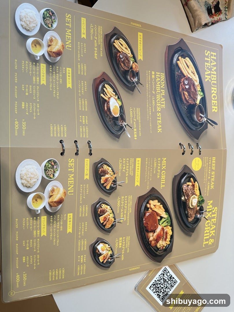 A printed menu featuring Japanese-style steak and burger dishes, including set menus with rice and soup, iron plate steaks, and mixed grill options.