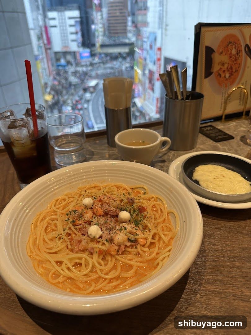 Spaghetti with creamy sauce and side dish