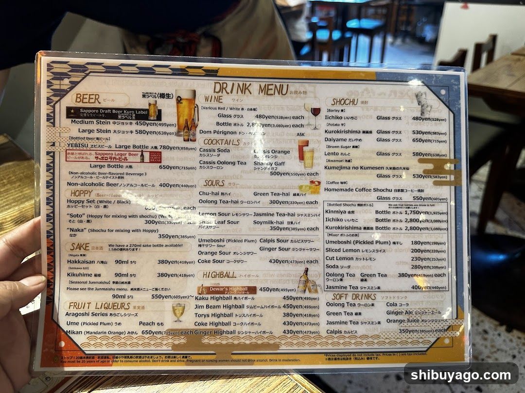 A close-up photo of a laminated drink menu board held by a hand, displaying categories like Beer, Wine, Shochu, Sake, Fruit Liqueurs, and Soft Drinks with prices in yen.