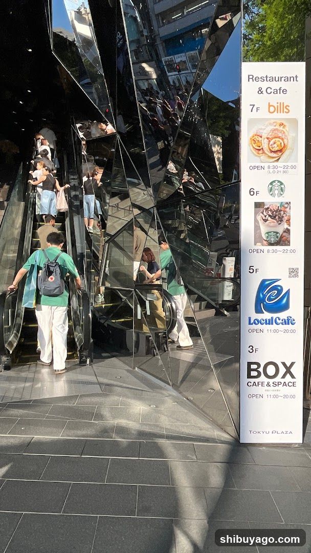 Photo of the physical exterior entrance to Tokyo Plaza, featuring a modern glass and metal facade with reflective surfaces. A vertical sign lists restaurants and cafes by floor: 7F bills (open 8:30-22:00), 6F Starbucks (open 8:30-22:00), 5F Locul Cafe (open 11:00-20:00), and 3F BOX CAFE & SPACE (open 11:00-20:00). People are seen using escalators near the entrance.