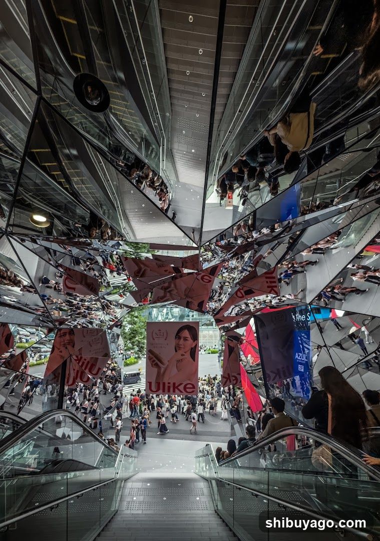 Shopping Center Interior with Mirrored Ceiling and Brand Banners