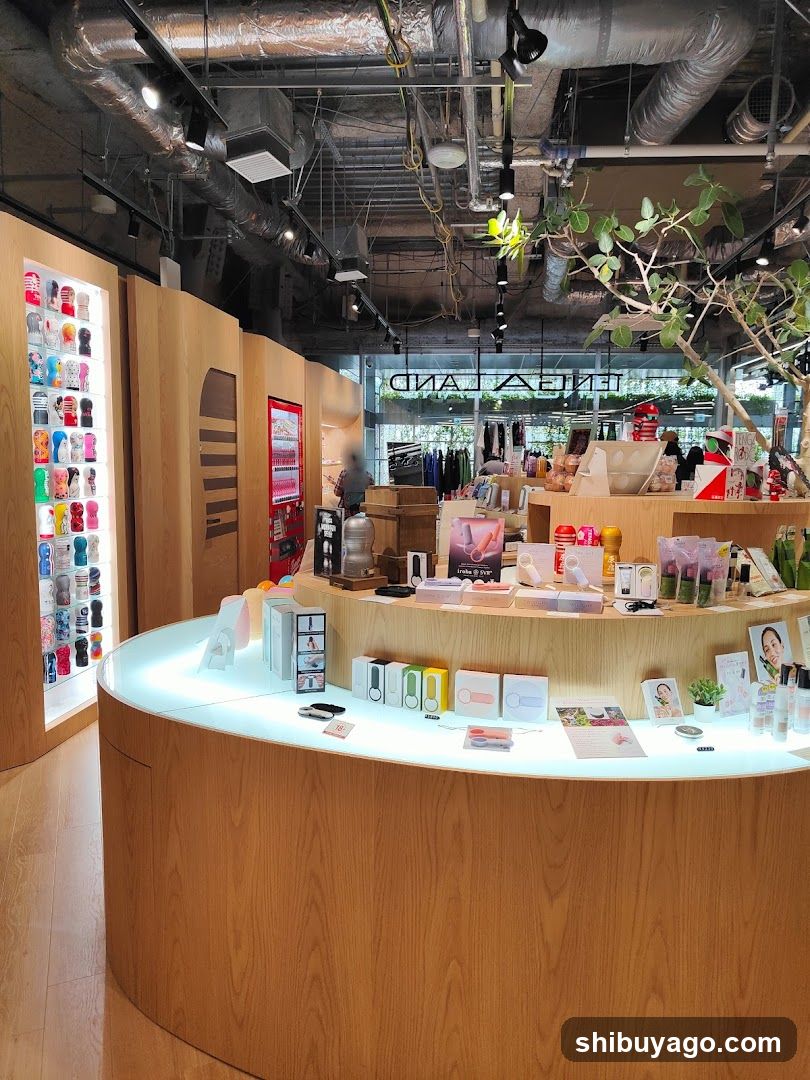 Interior of a modern retail store with wooden display counters and product showcases.
