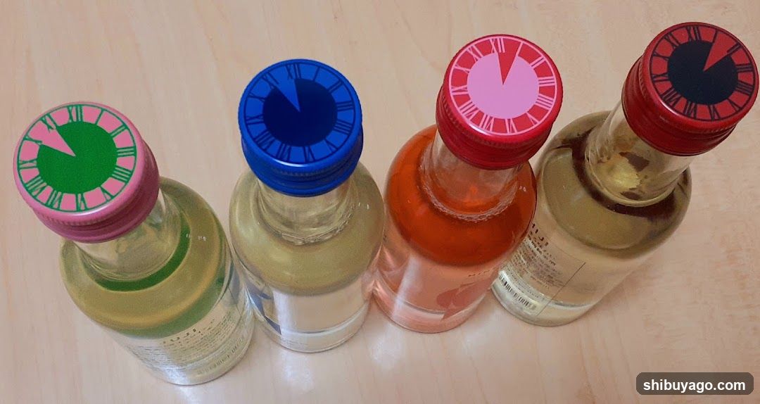 Four miniature liquor bottles with clock-themed caps