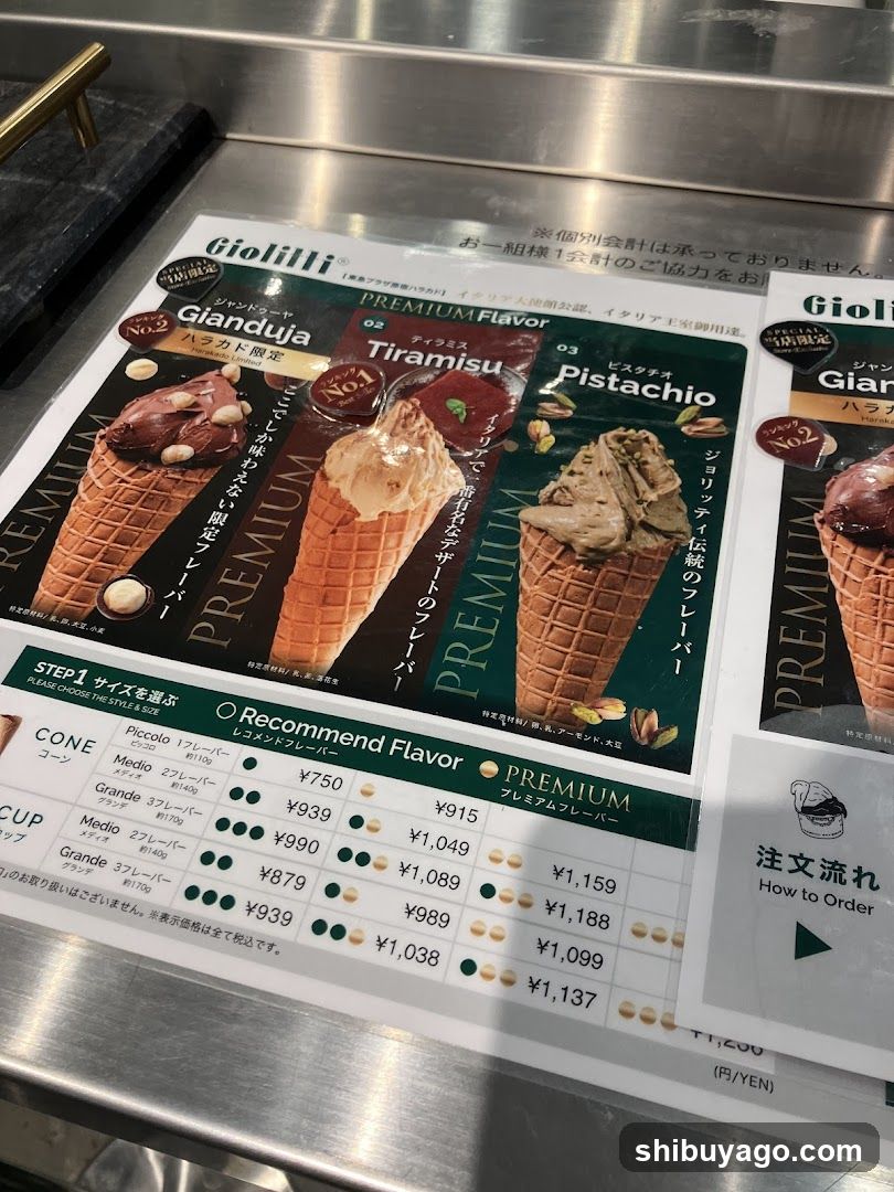A printed menu board on a stainless steel counter featuring premium ice cream flavors like Gianluja, Tiramisu, and Pistachio with prices listed in yen.