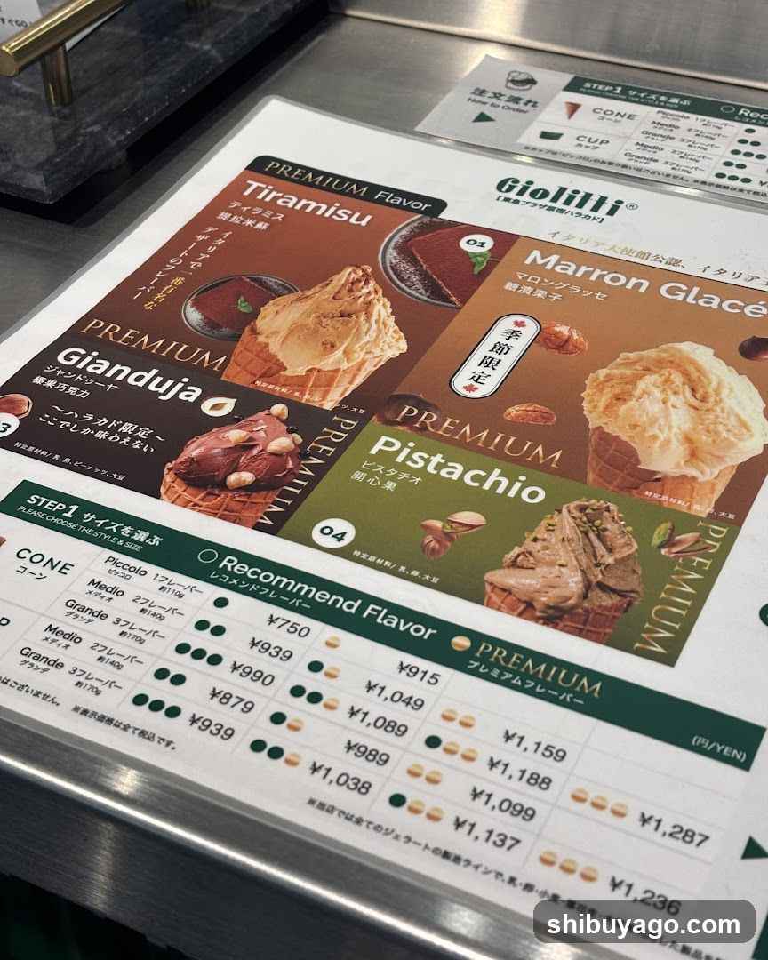 A close-up of a printed menu board from Giolilli, an ice cream shop. The menu features premium flavors like Tiramisu, Granduja, Marron Glacé, and Pistachio, with prices listed in yen.